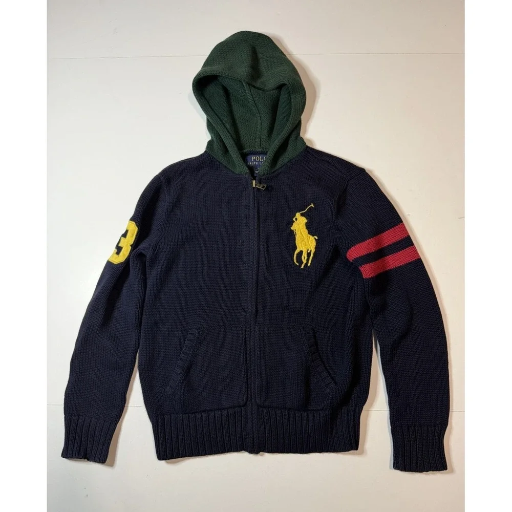 Polo Ralph Lauren Kids Big Pony Full Zip Knit Hoodie Navy Green Size Small 8